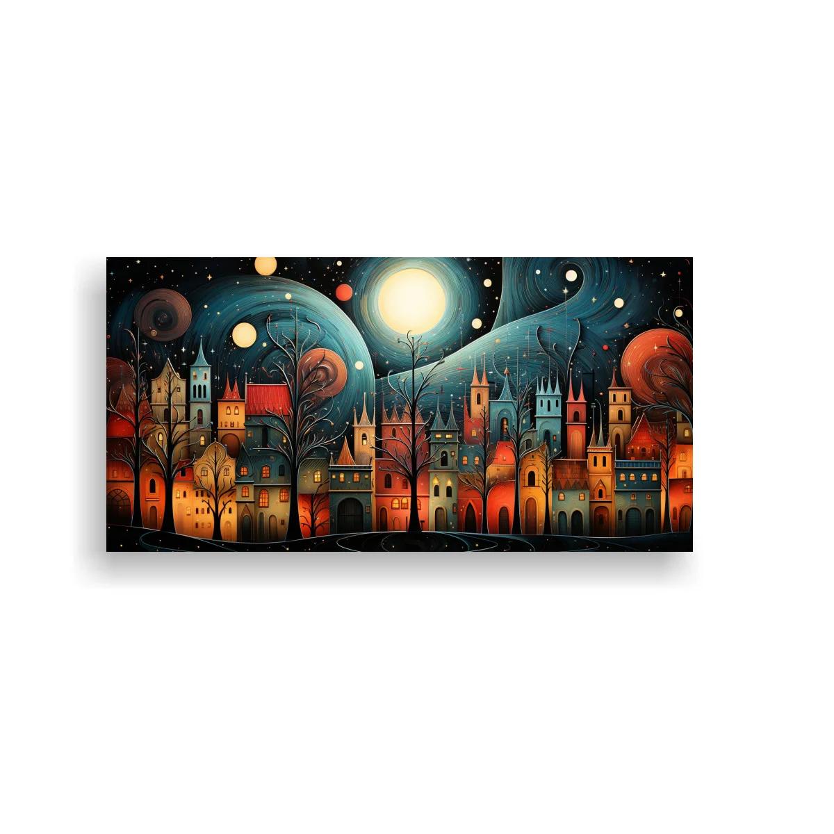 Cuadro ciudad fantástica nocturna con luna brillante