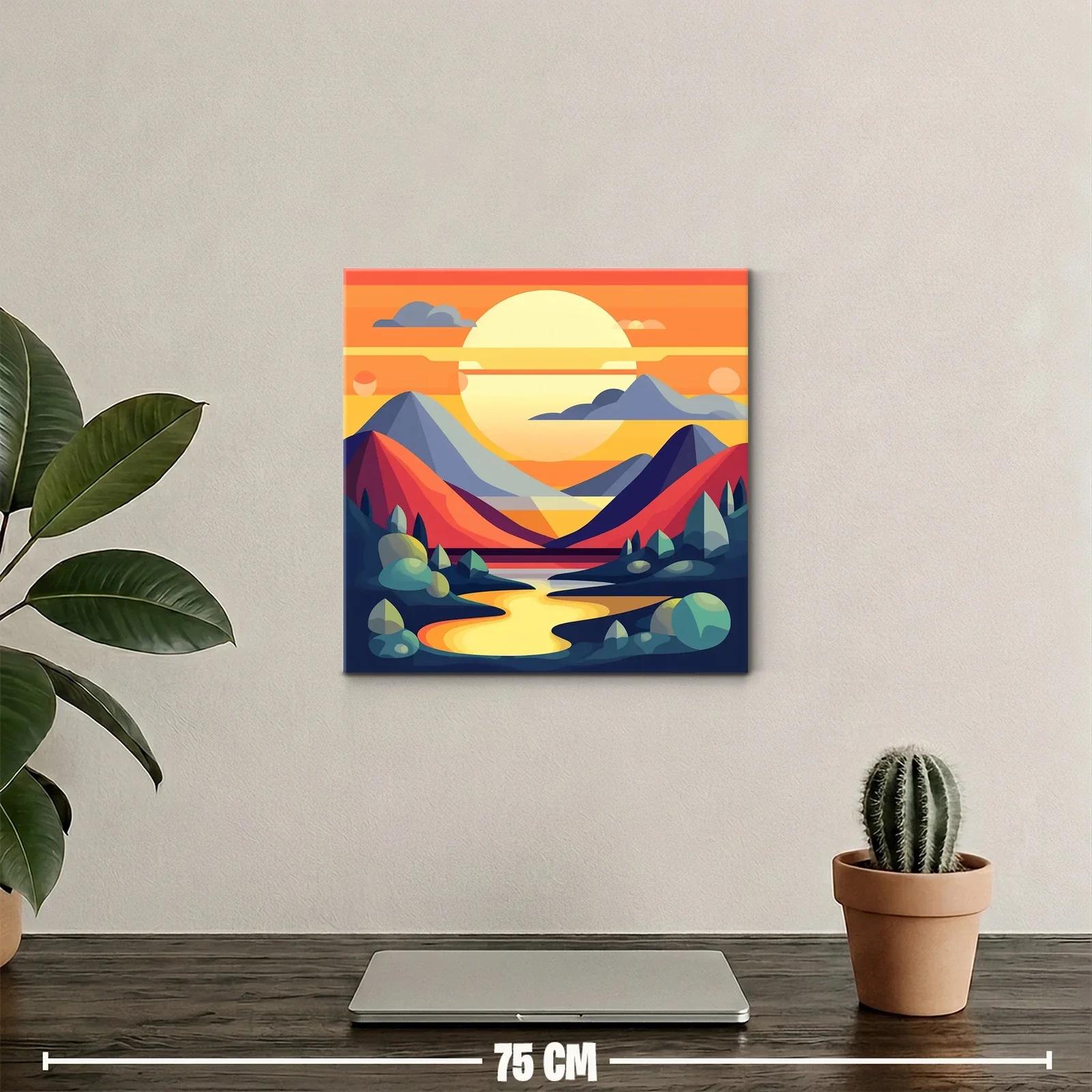 Paisaje abstracto con montañas y río al atardecer vibrante — miniatura 2