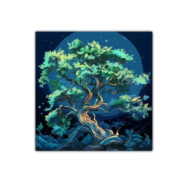 Árbol nocturno con luces mágicas y tonos azules y verdes