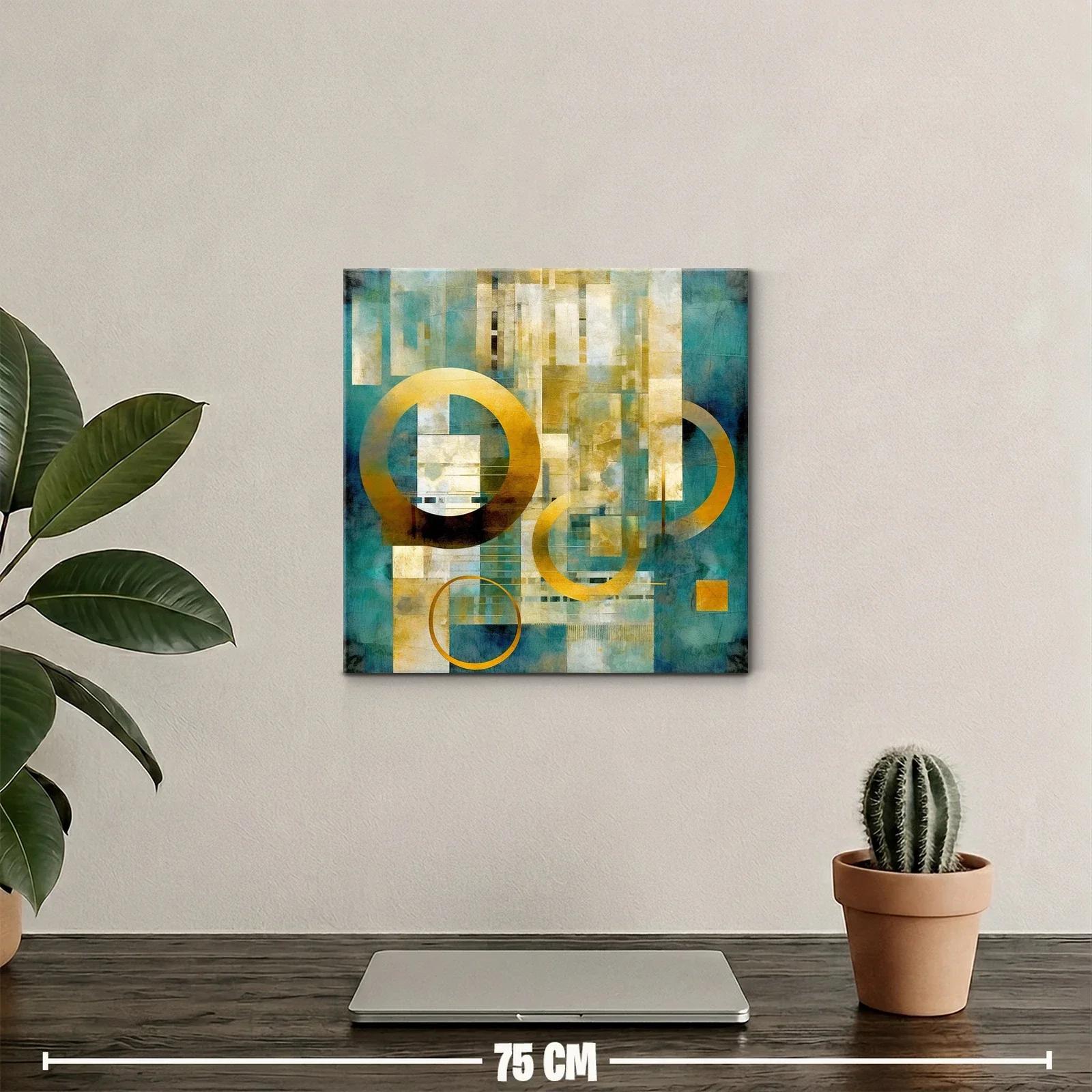 Cuadro abstracto moderno en tonos dorados y turquesa — miniatura 2