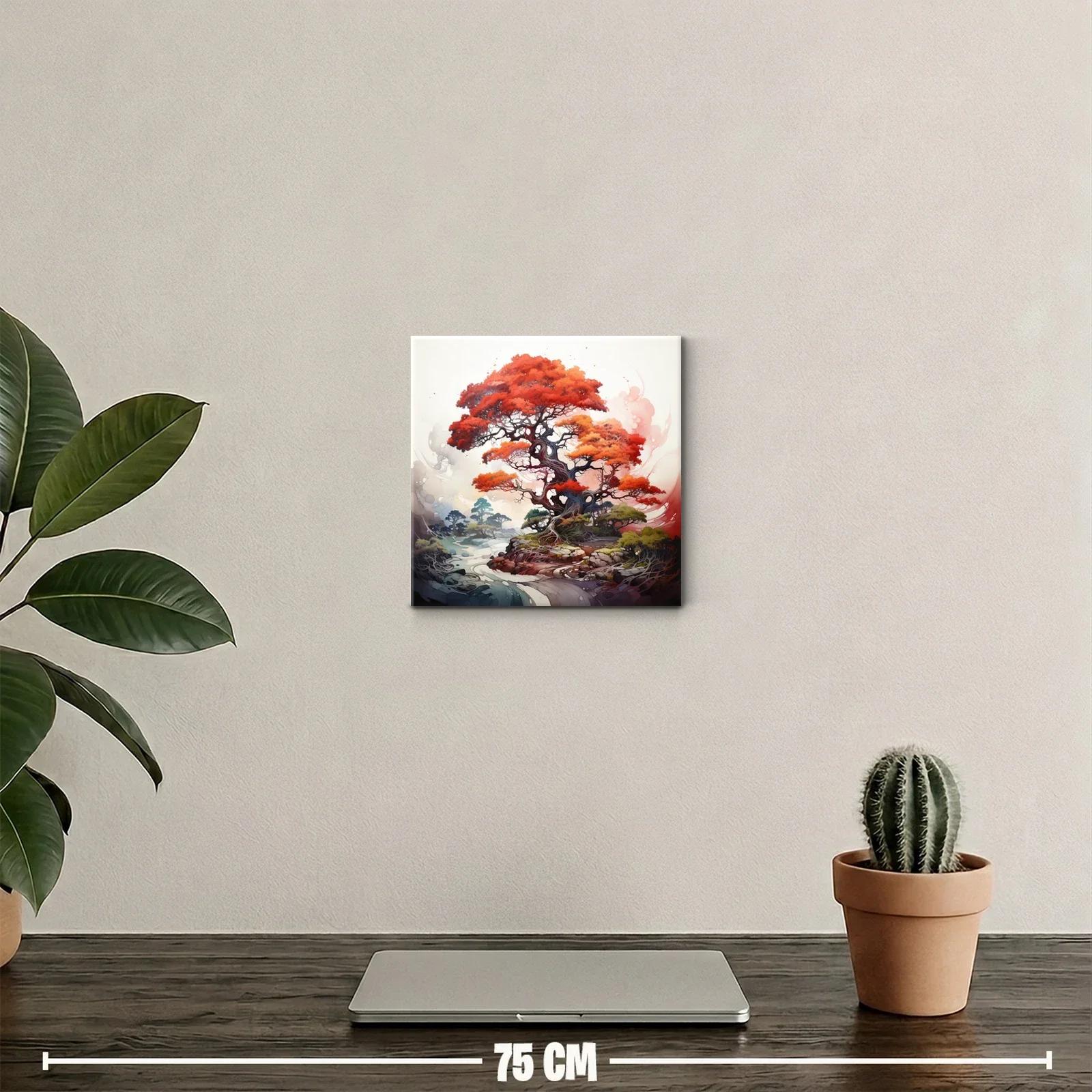 Árbol vibrante con follaje rojo intenso y paisaje onírico — miniatura 2