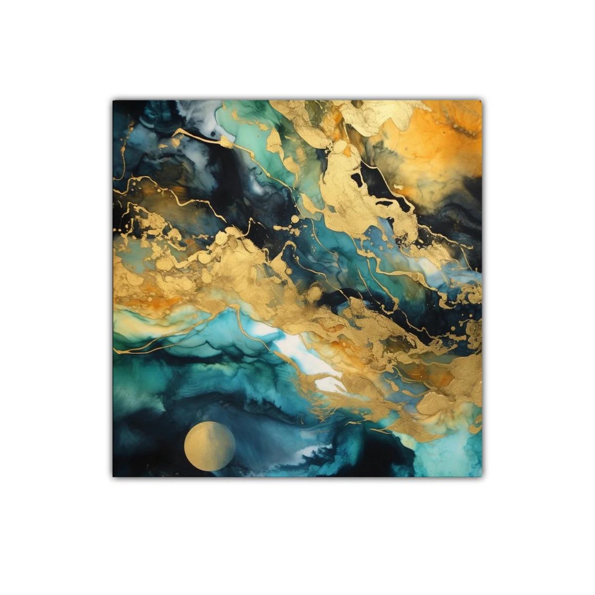 Cuadro abstracto con tonos dorados y azules intensos — imagen principal