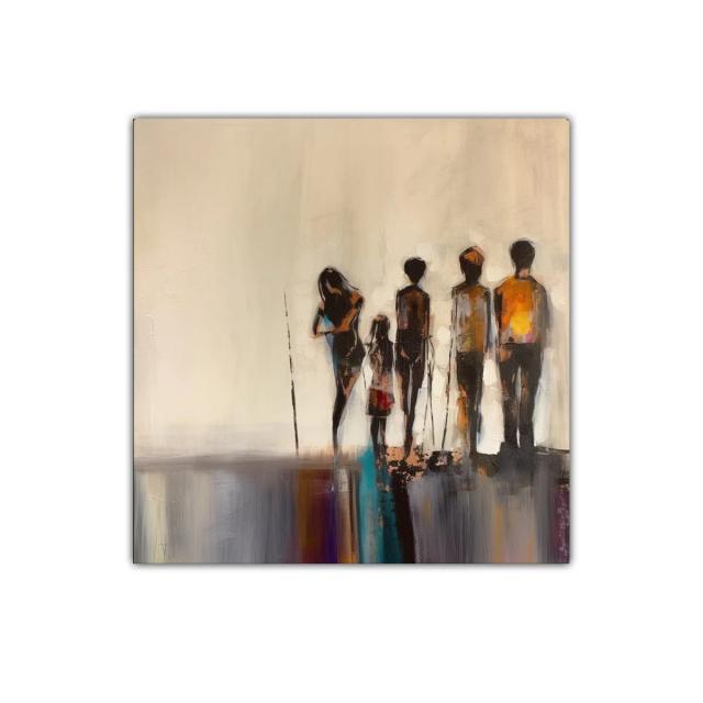 Cuadro con siluetas humanas en tonos cálidos y neutros