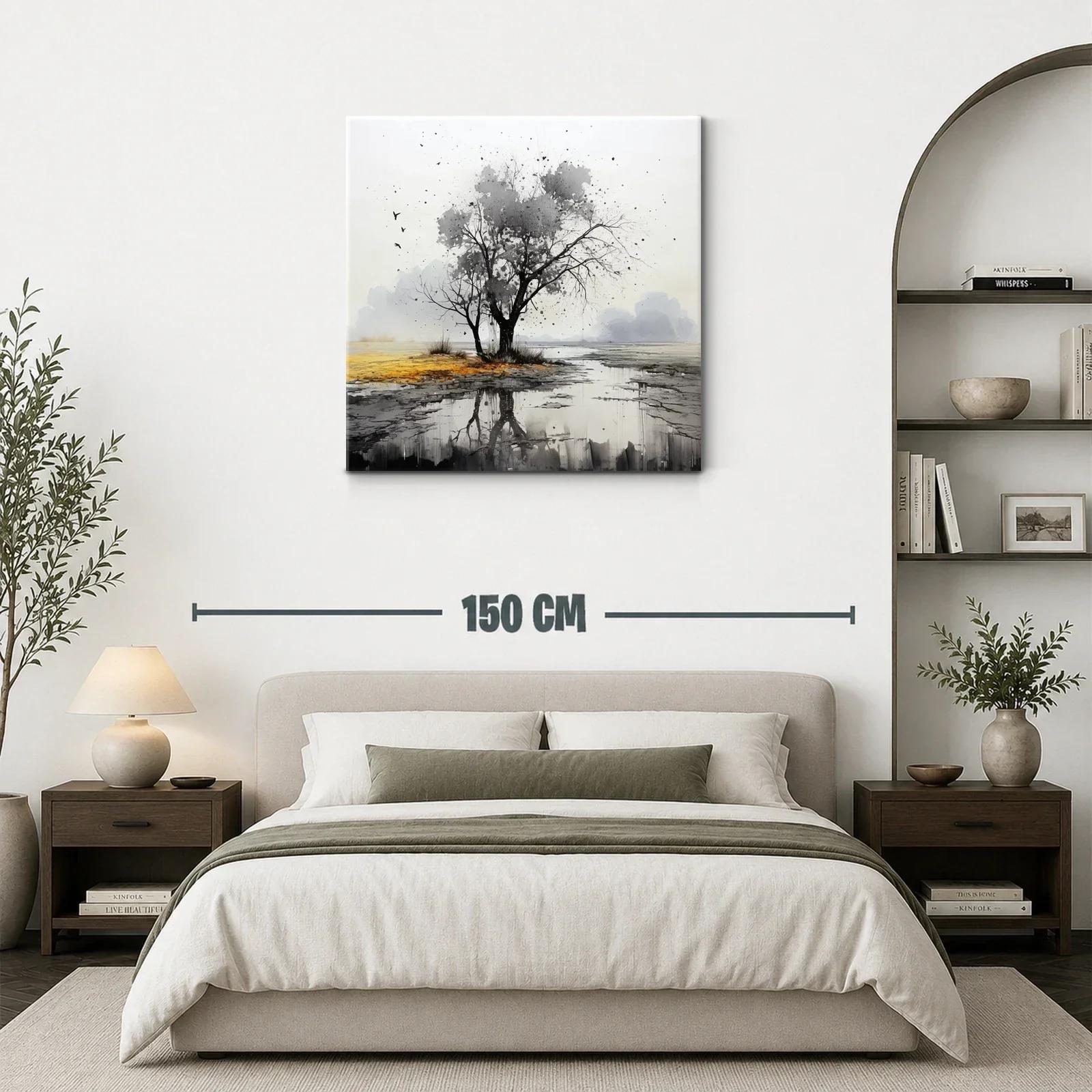 Paisaje sereno con árbol y reflejo en tonos neutros — miniatura 3