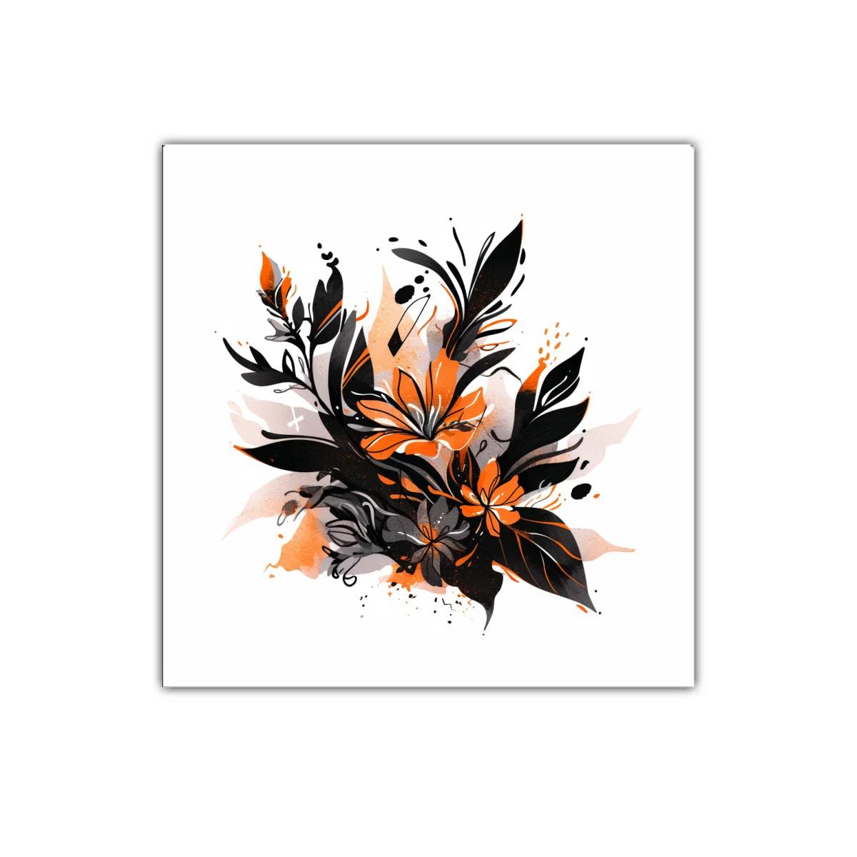 Composición floral en tonos negro y naranja vibrante