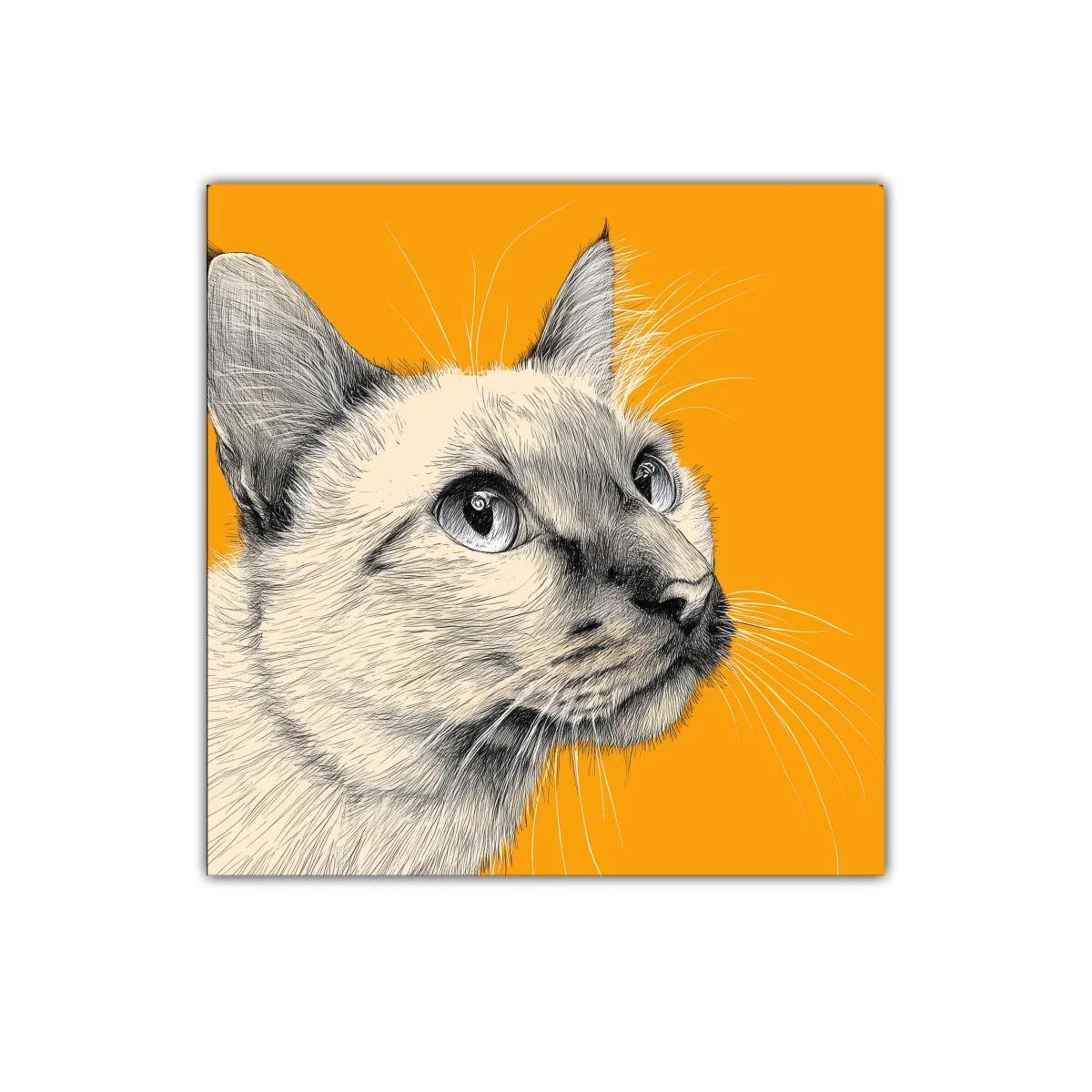 Retrato elegante de gato siamés sobre fondo naranja vibrante