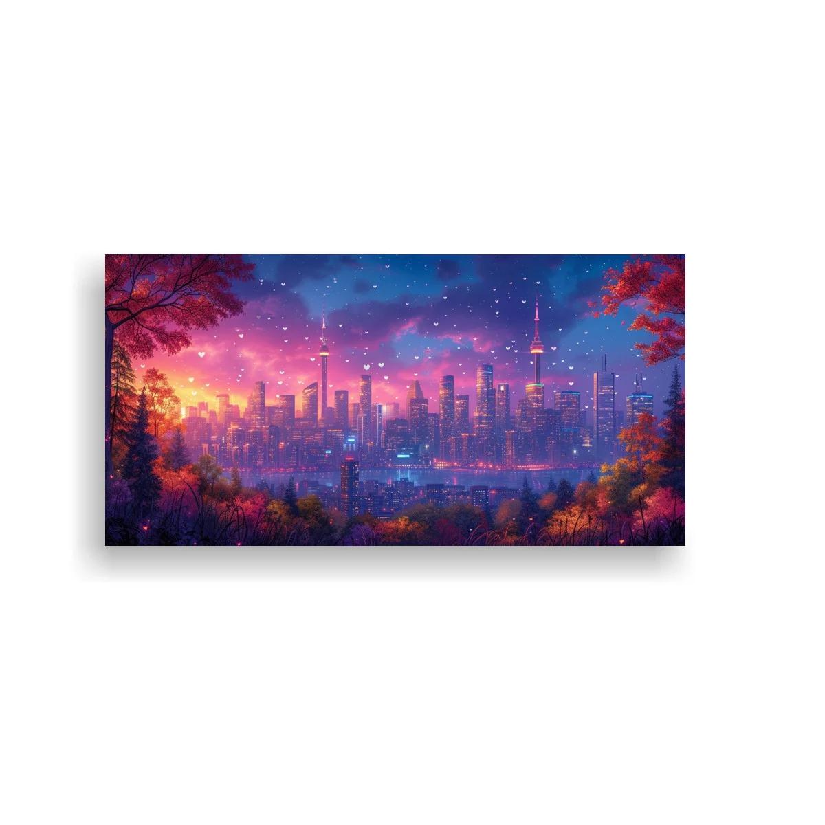 Cuadro skyline urbano al atardecer con cielo estrellado — imagen principal