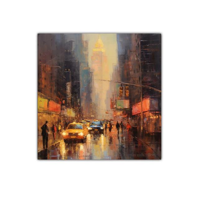 Atardecer urbano con taxis en calle lluviosa de ciudad