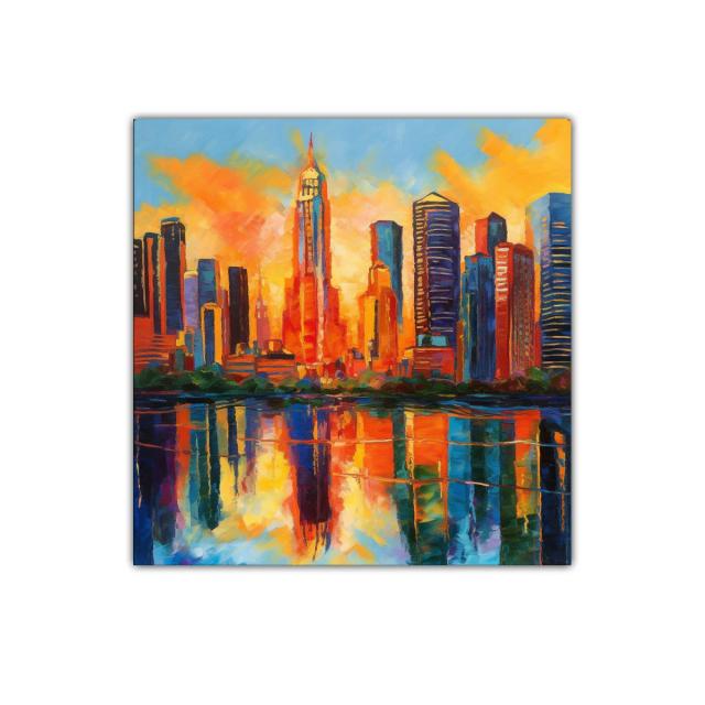 Atardecer vibrante en ciudad con reflejos impresionantes