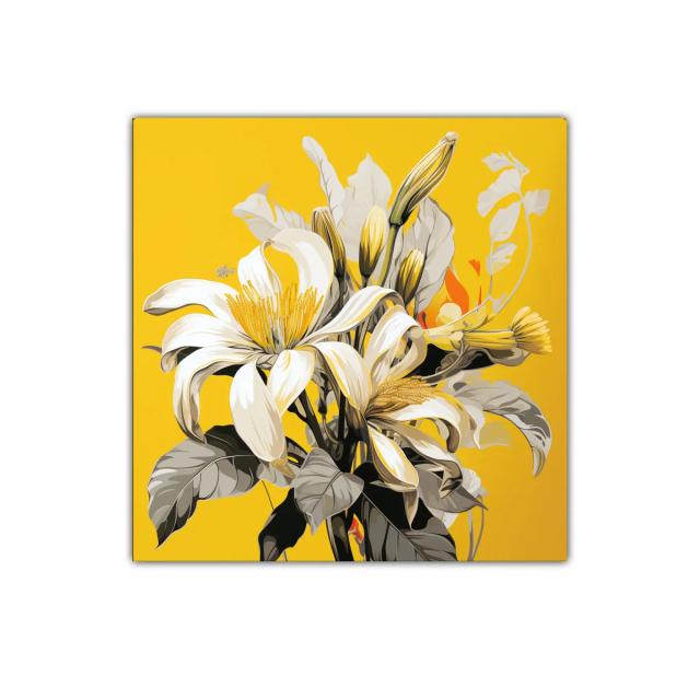 Cuadro floral con lirios blancos sobre fondo amarillo vibrante