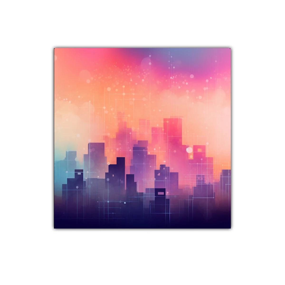 Ciudad abstracta en tonos cálidos y vibrantes al atardecer
