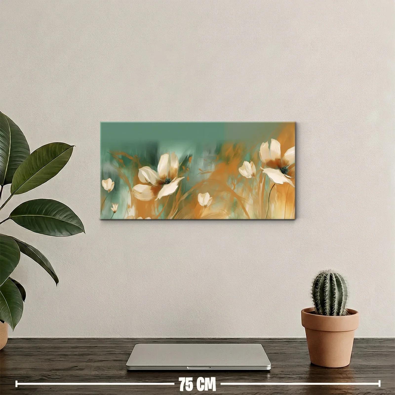 Cuadro de flores blancas tipo amapola con fondo verde agua — miniatura 2