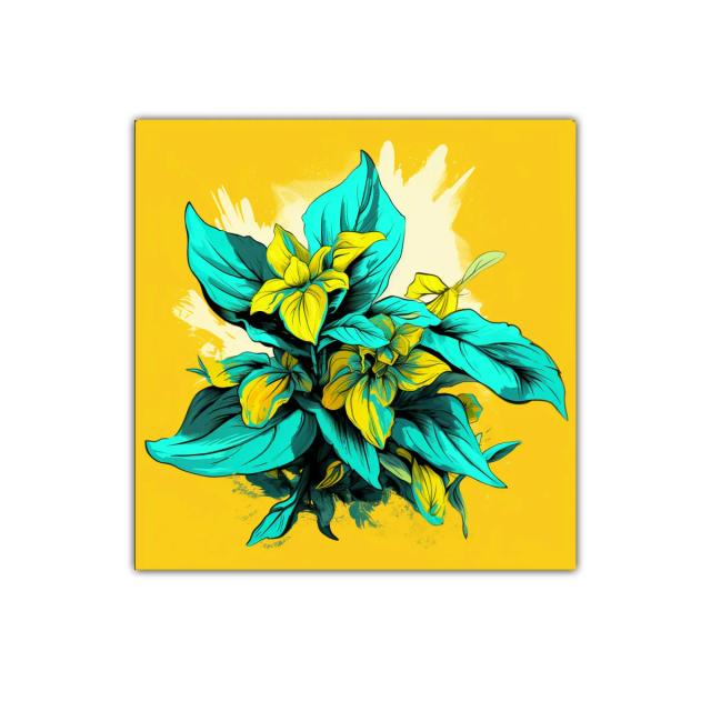 Composición Vibrante con Flores y Hojas en Amarillo y Turquesa