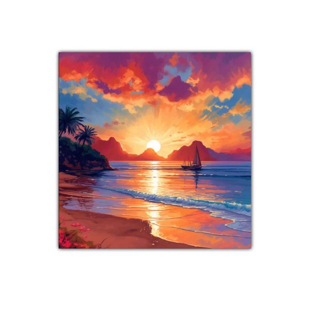 Atardecer vibrante con velero en la playa tranquila