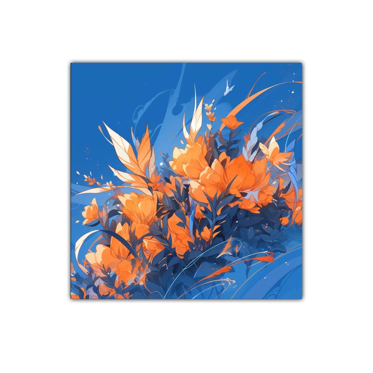 Composición floral vibrante en tonos naranjas y azules — imagen principal