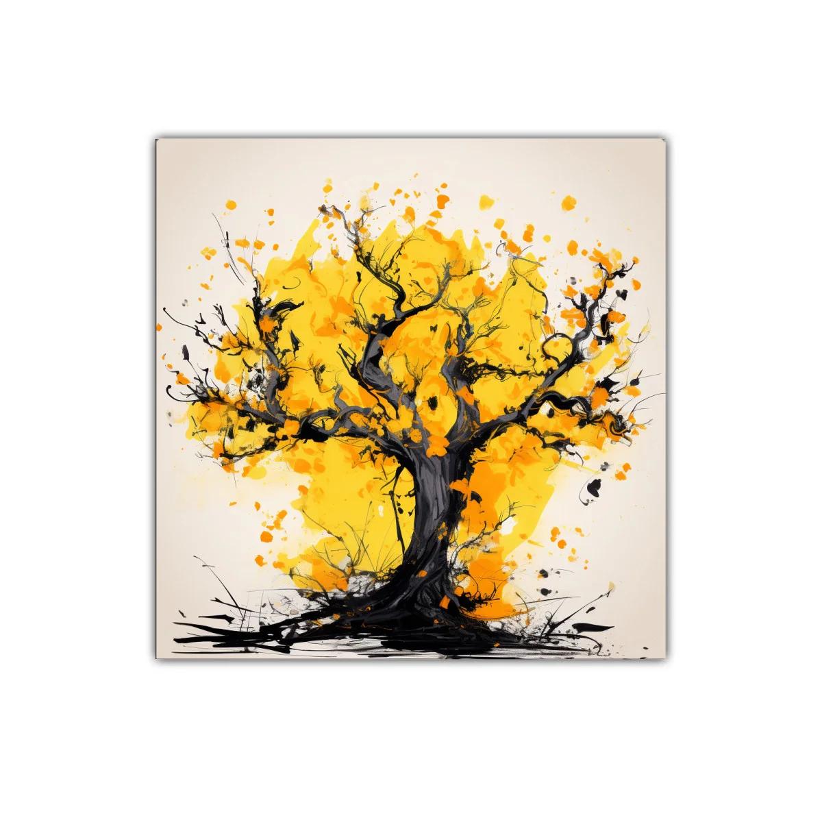 Árbol vibrante con hojas doradas en composición expresiva