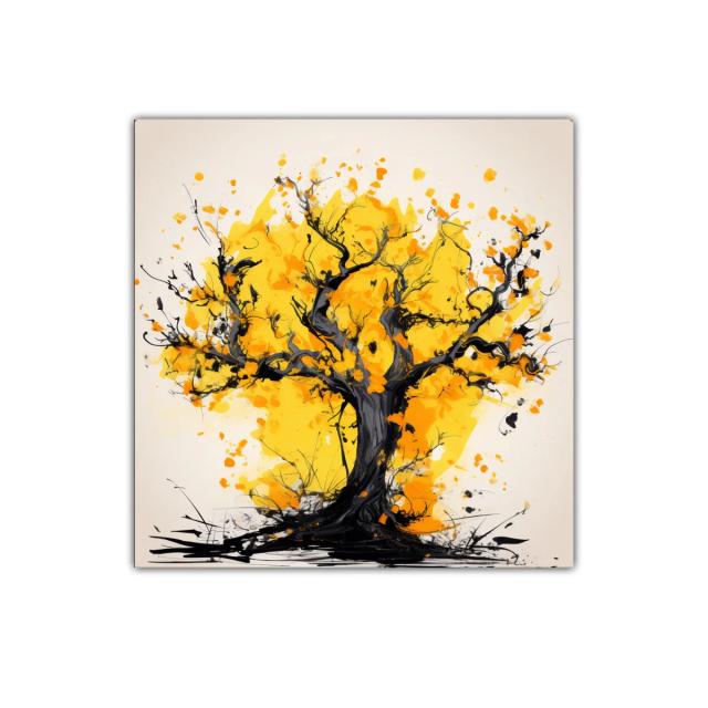 Árbol vibrante con hojas doradas en composición expresiva