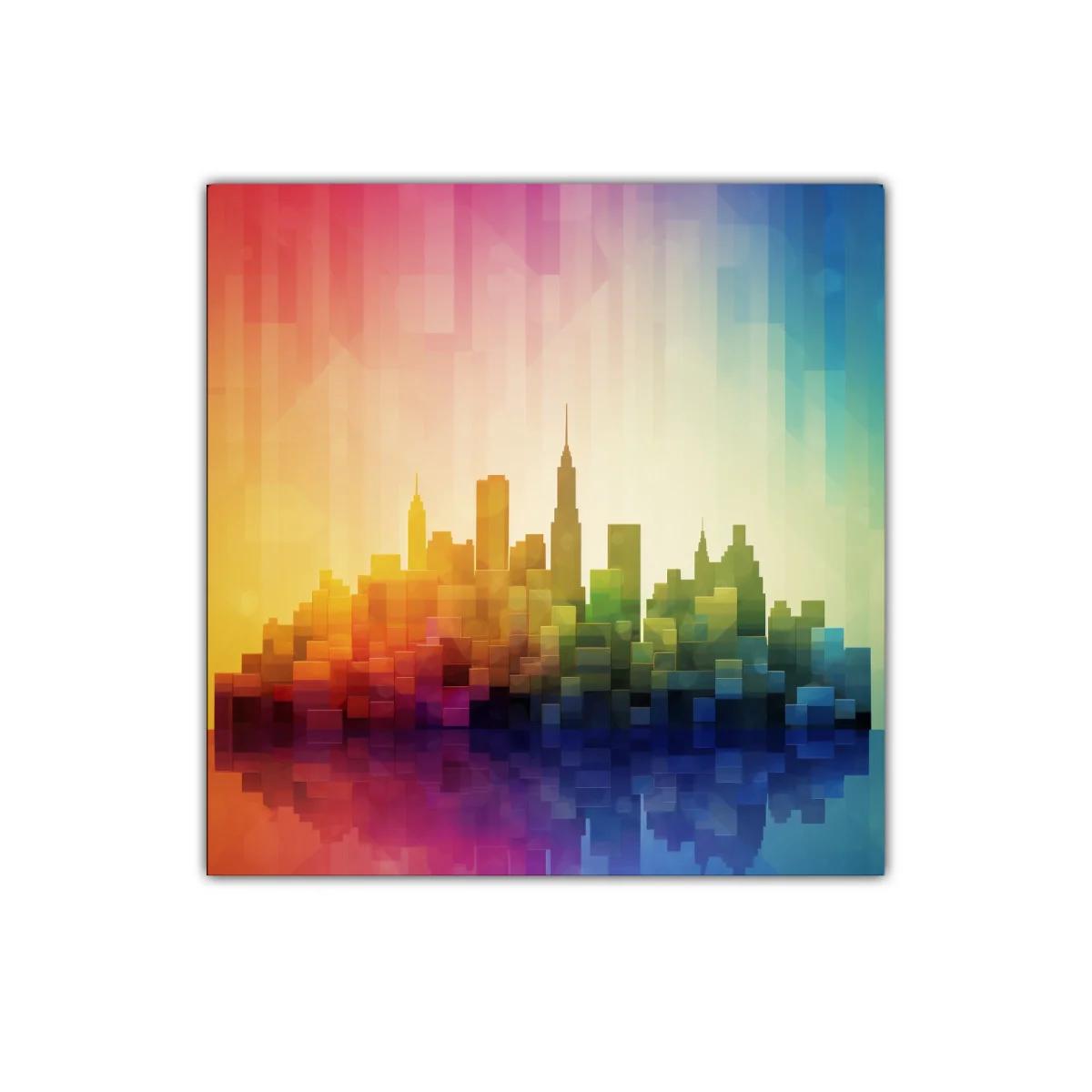 Ciudad abstracta multicolor con efecto pixelado vibrante — imagen principal