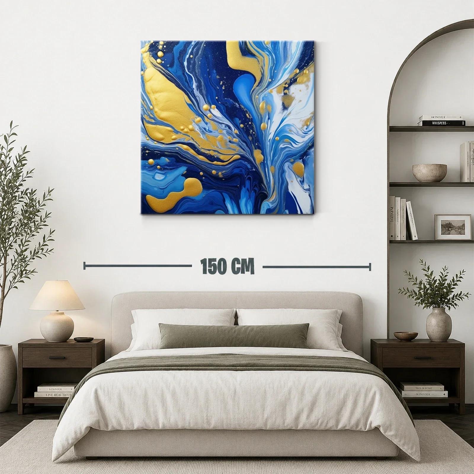 Cuadro abstracto en tonos azules con detalles dorados brillantes — miniatura 3