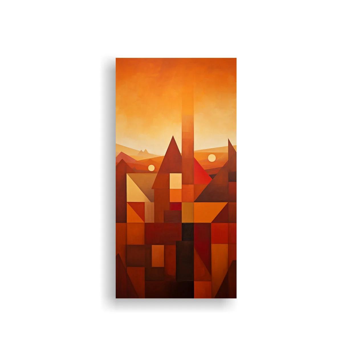 Cuadro paisaje geométrico con pirámides y torre vertical