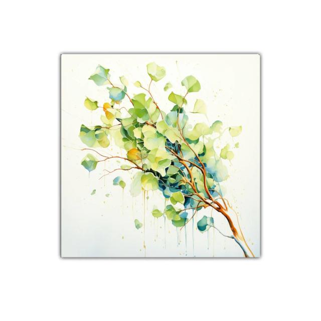 Cuadro decorativo de rama con hojas verdes y azules