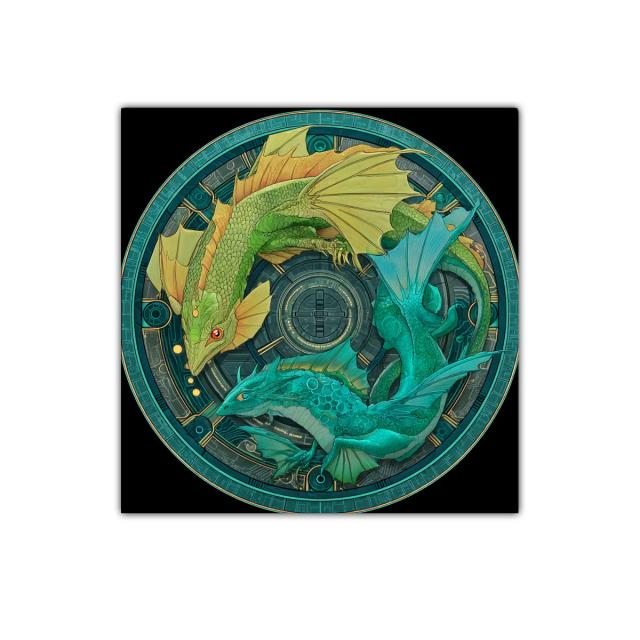 Dragones circulares en tonos verdes y azules místicos