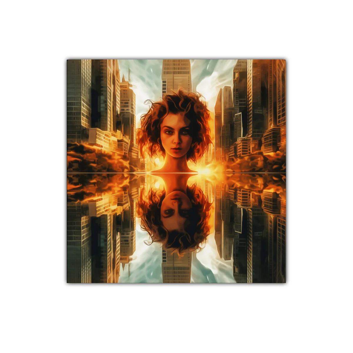 Mujer reflejada en ciudad al atardecer vibrante — imagen principal