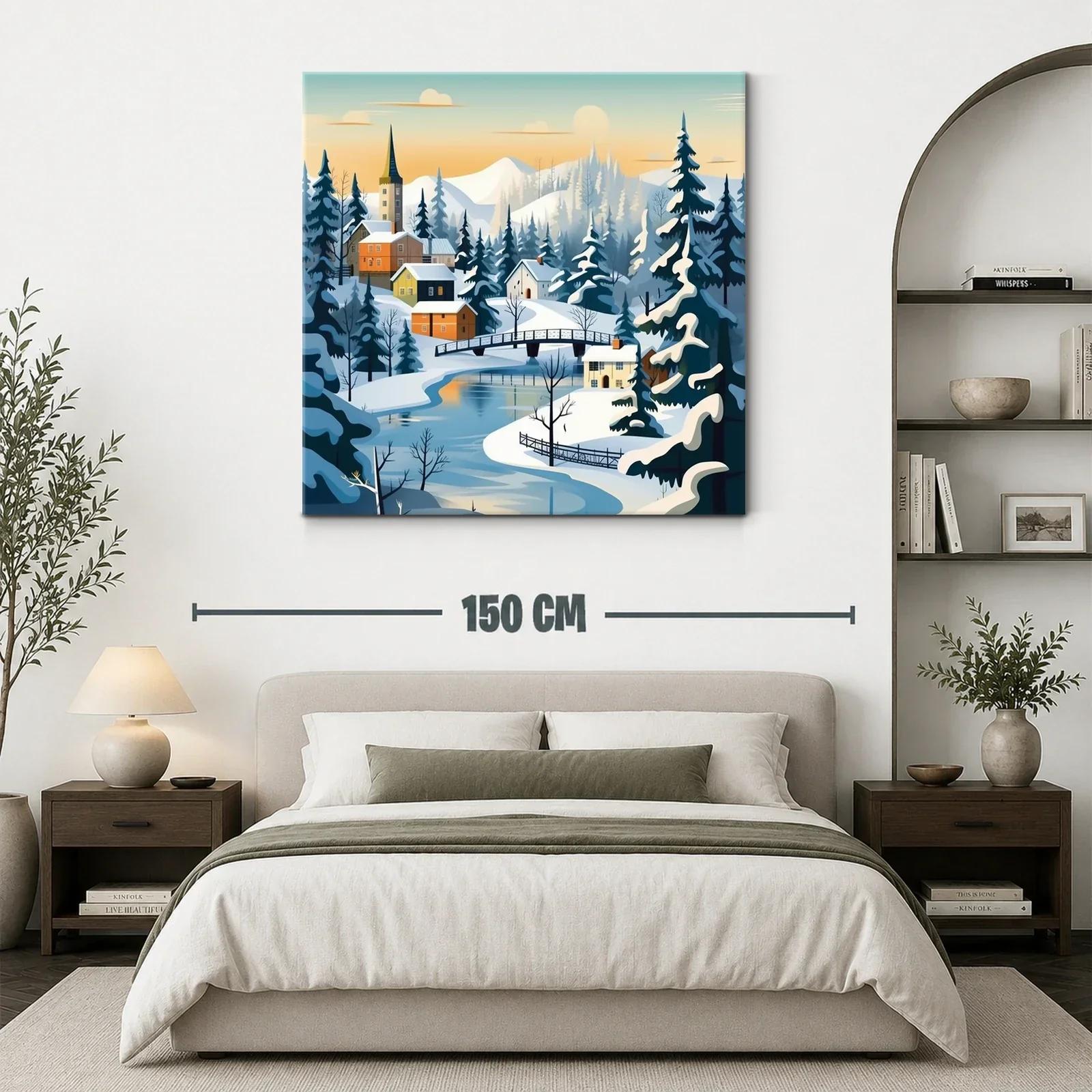 Paisaje invernal con puente y casas de montaña — miniatura 3