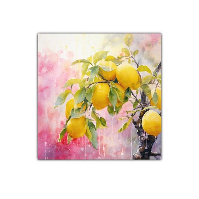 Cuadro decorativo con limones y hojas verdes vibrantes