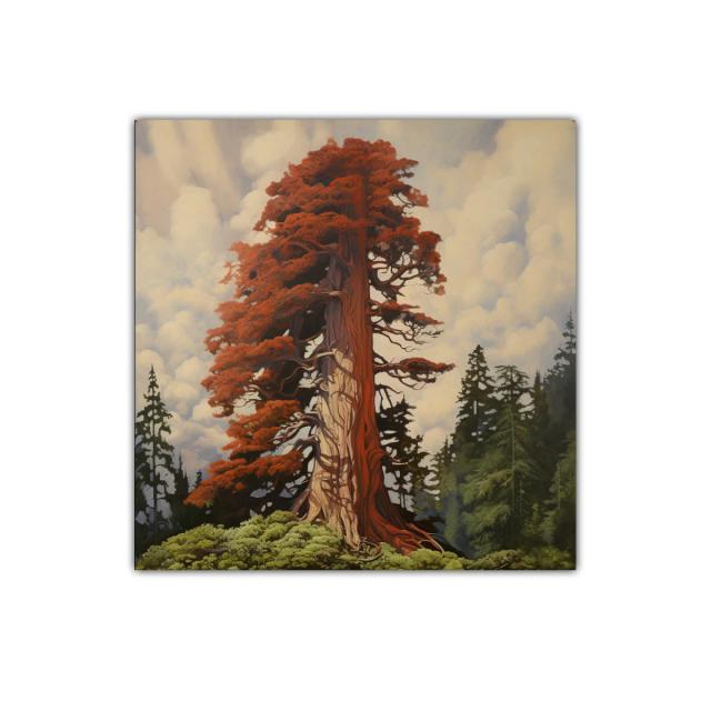 Imponente árbol rojizo entre bosque y cielo nublado