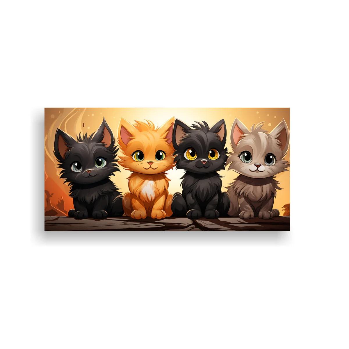 Cuadro cuatro gatitos alineados sobre suelo de piedra