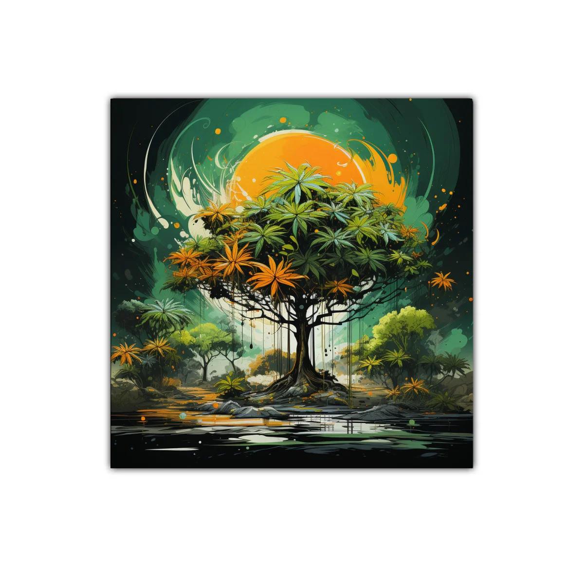 Árbol vibrante con tonos verdes y naranjas bajo sol intenso — imagen principal