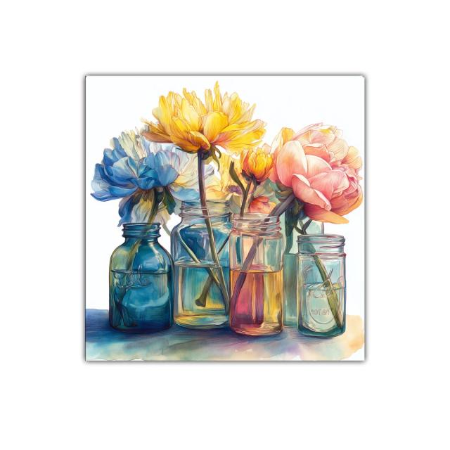 Cuadro floral en tonos suaves con jarrones de cristal