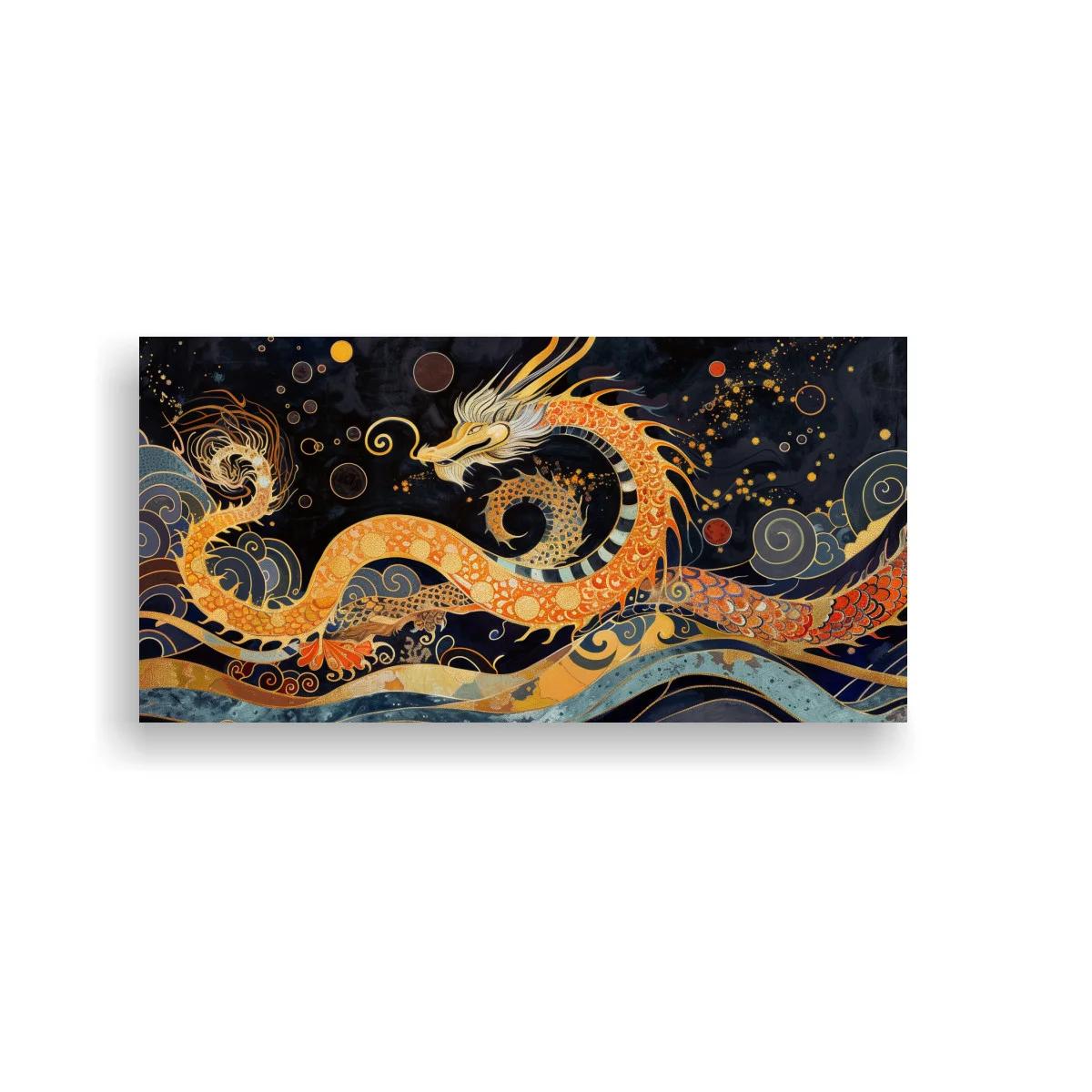 Cuadro dragón oriental dorado con olas y remolinos — imagen principal