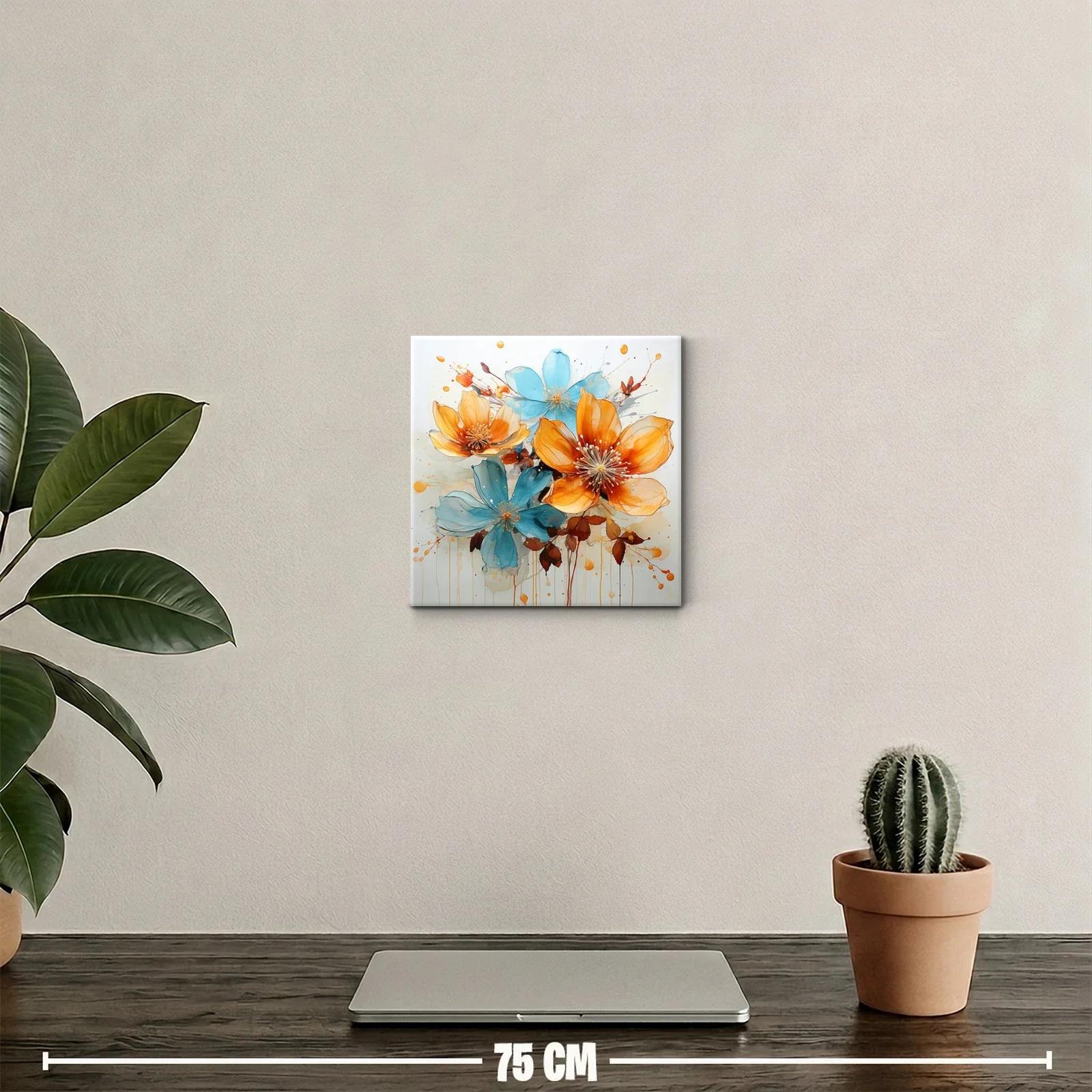 Cuadro decorativo flores vibrantes en tonos naranjas y azules — miniatura 2