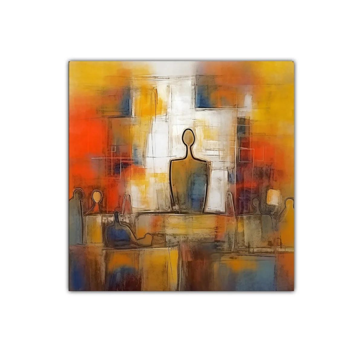 Cuadro abstracto con figuras humanas y tonos cálidos vibrantes