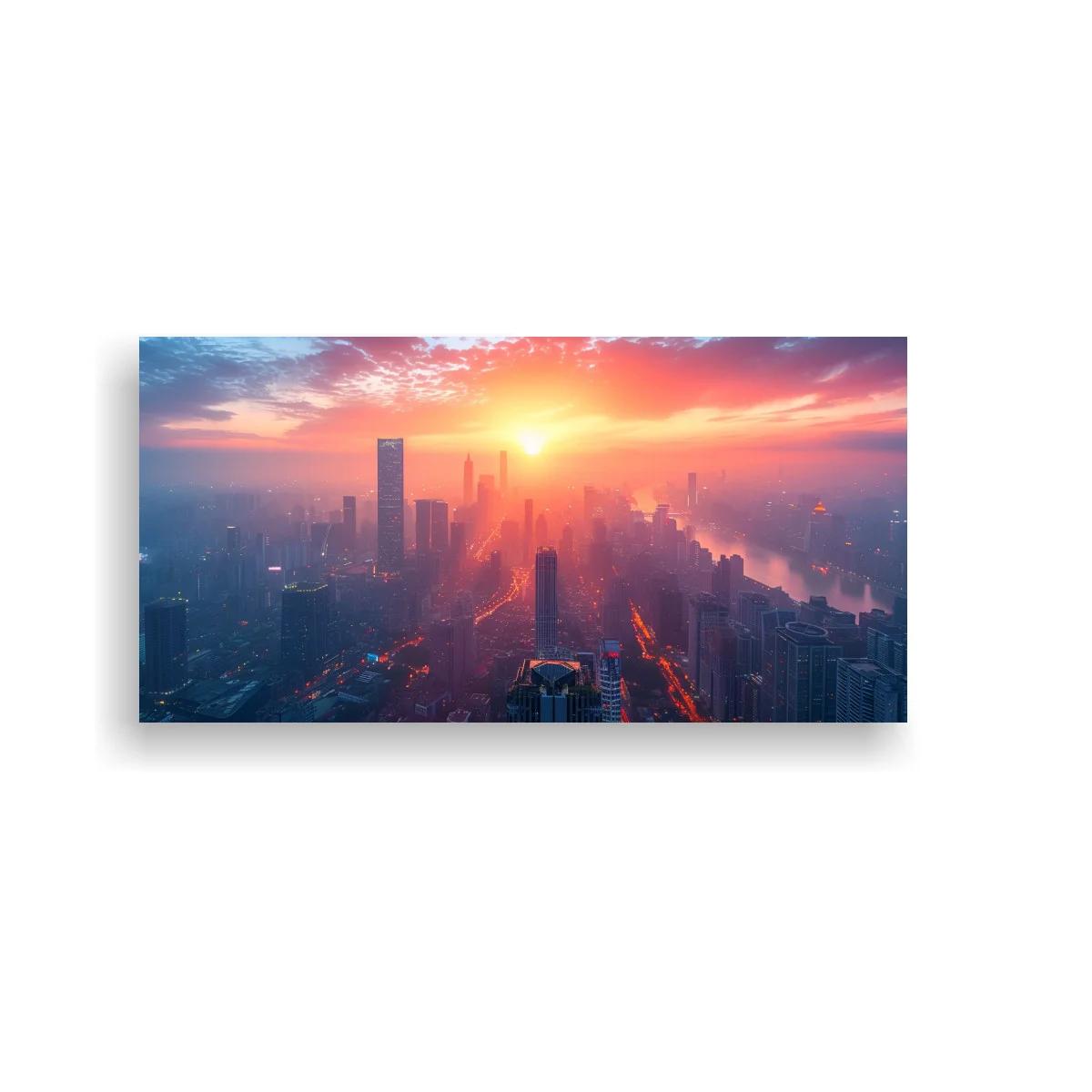 Cuadro skyline urbano al amanecer con sol brillante