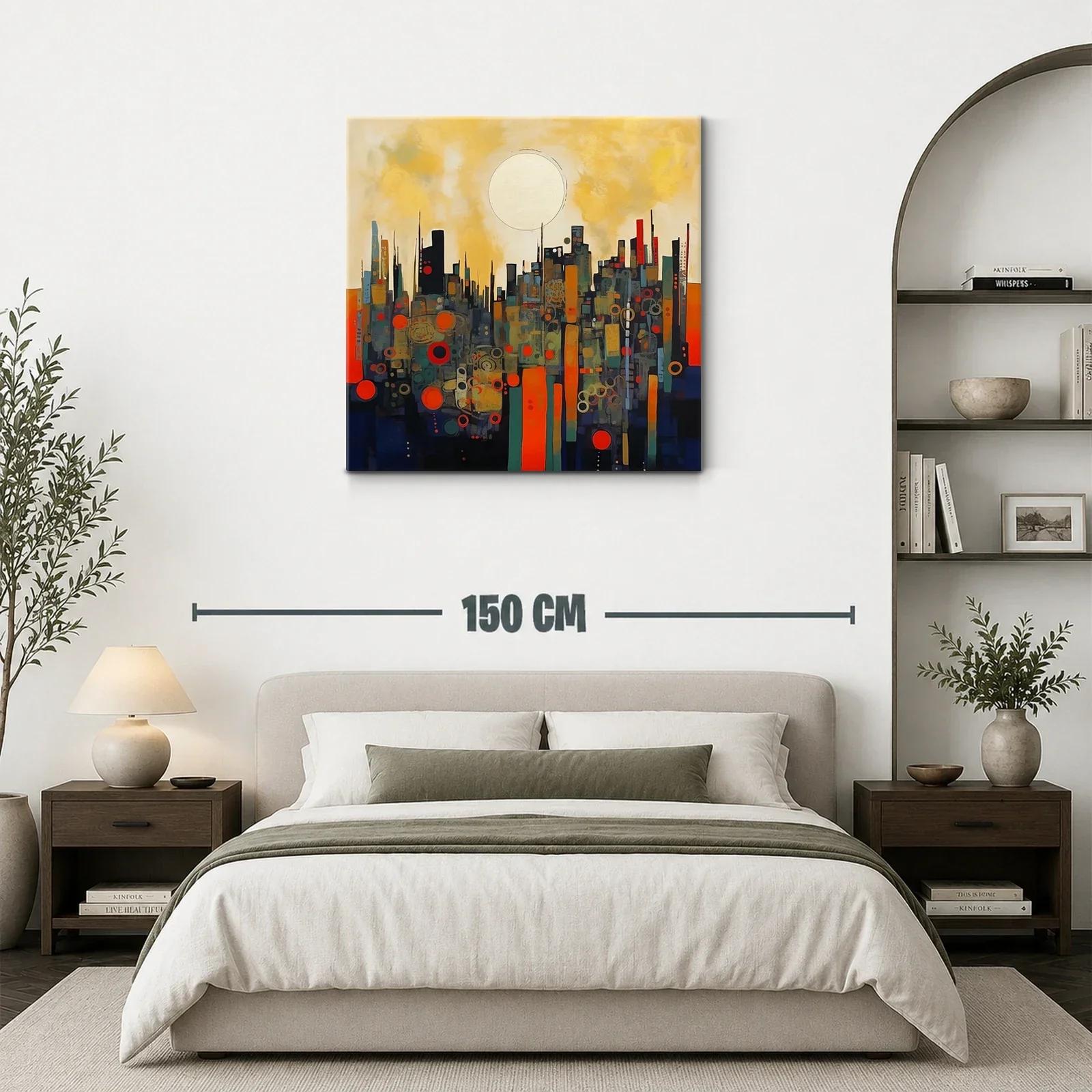 Cuadro abstracto paisaje urbano con círculo dorado — miniatura 3