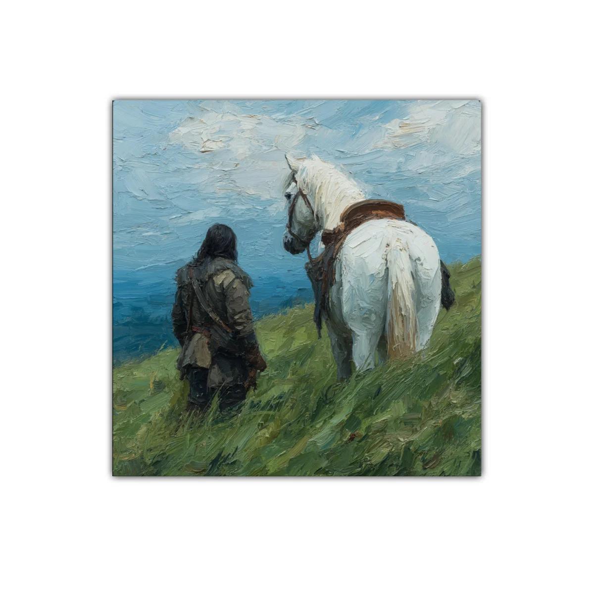 Escena Campestre con Jinete y Caballo Blanco en Paisaje Abierto — imagen principal