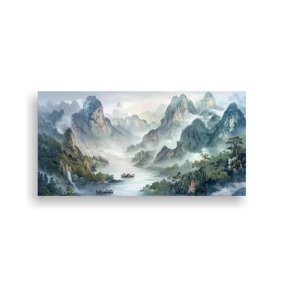 Cuadro paisaje de montañas con lago y niebla