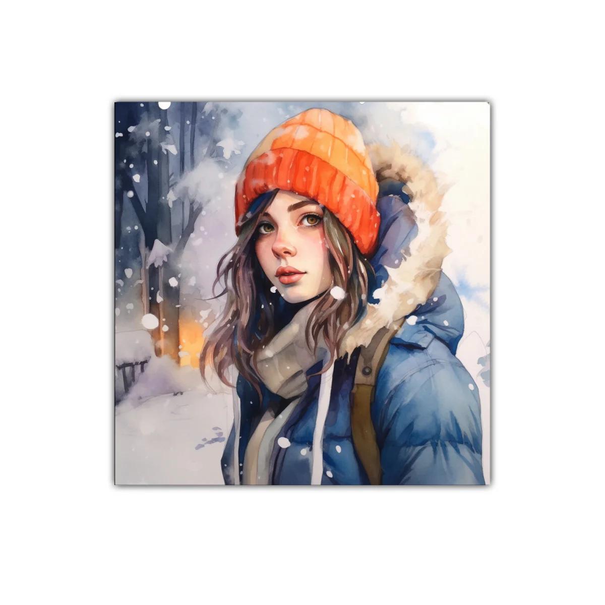 Retrato femenino invernal con gorro naranja y abrigo azul — imagen principal