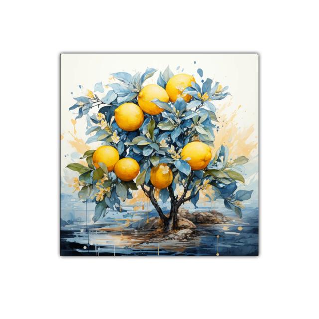 Cuadro decorativo con árbol de naranjas vibrantes y hojas azules