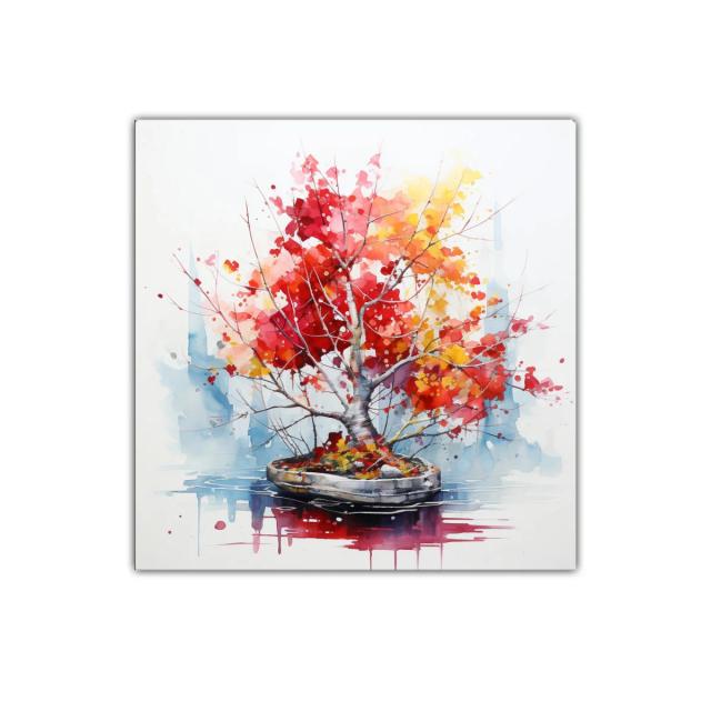Cuadro árbol bonsái con hojas rojas y amarillas vibrantes
