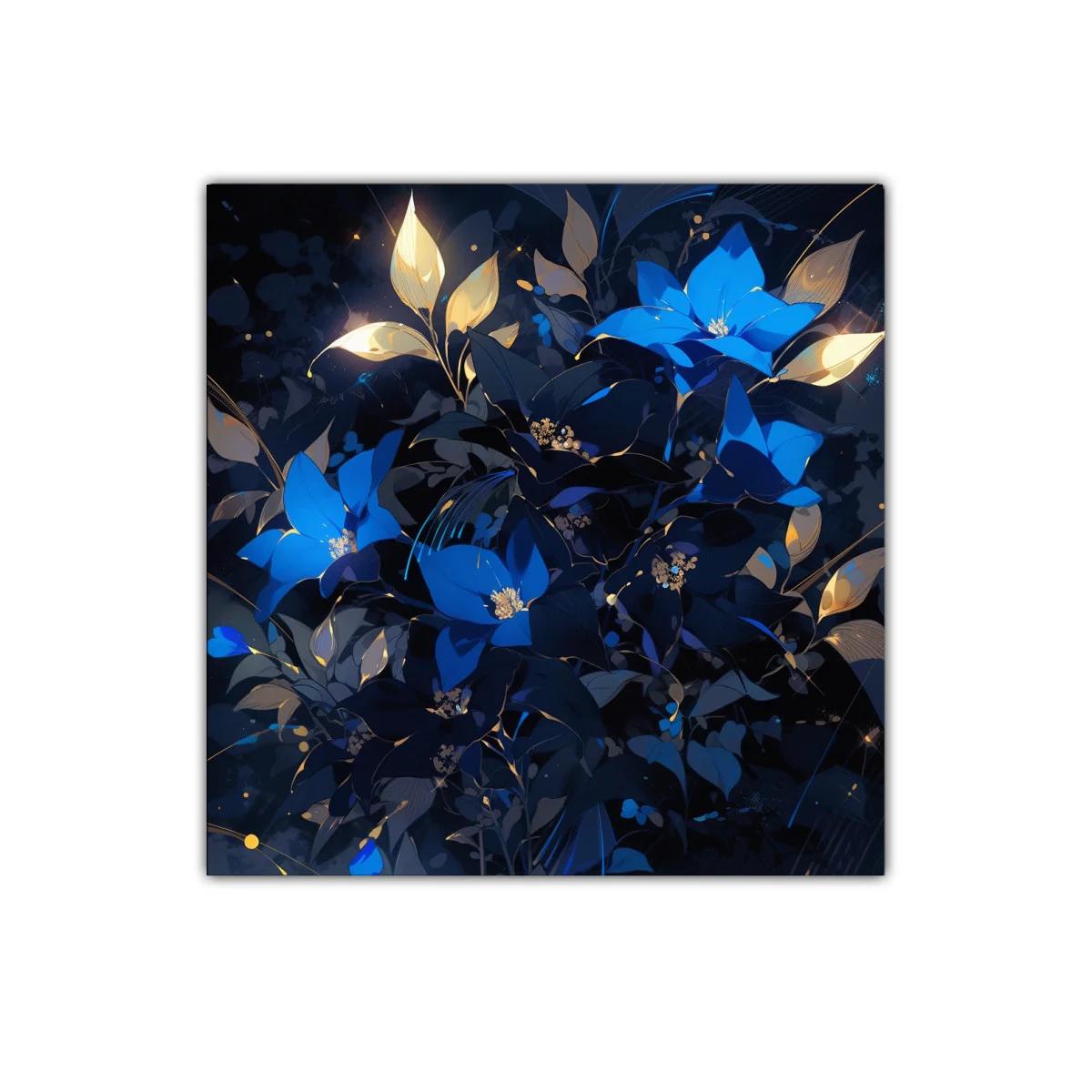 Flores azules brillantes con detalles dorados sobre fondo oscuro