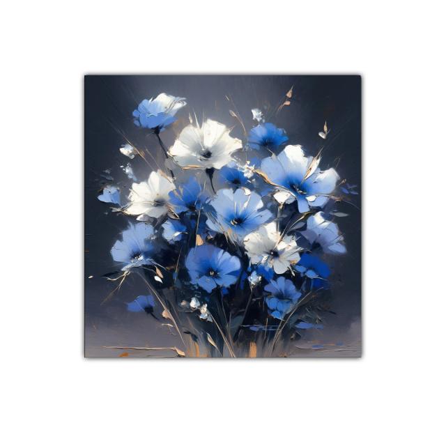 Ramo de flores azules y blancas con destellos dorados