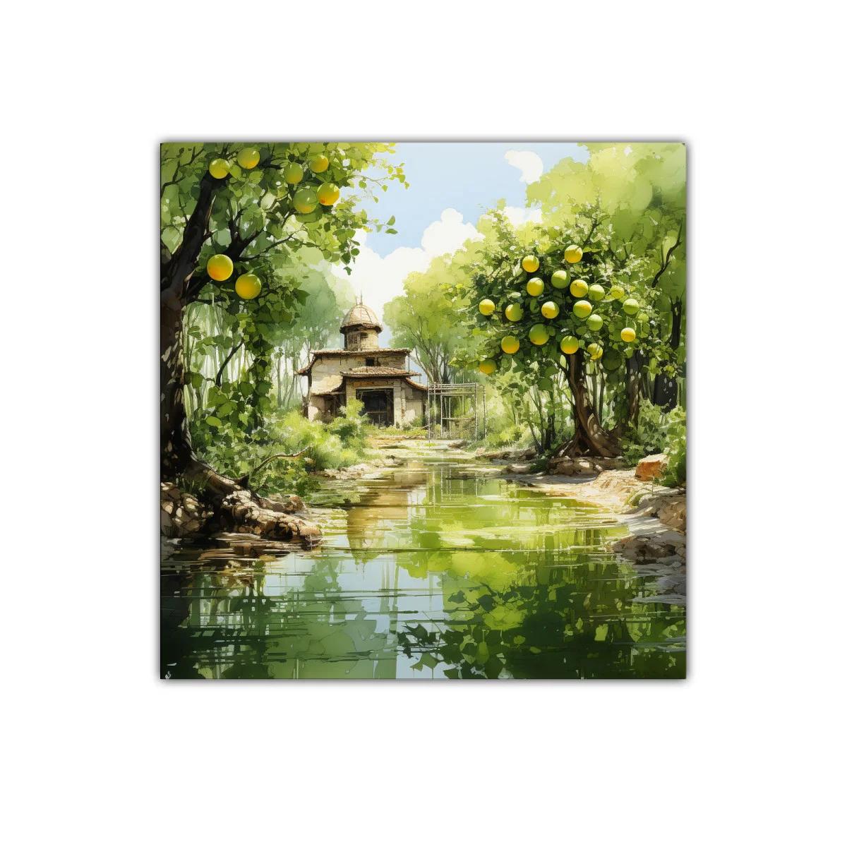 Paisaje sereno con casa y árboles frutales junto al río — miniatura 1