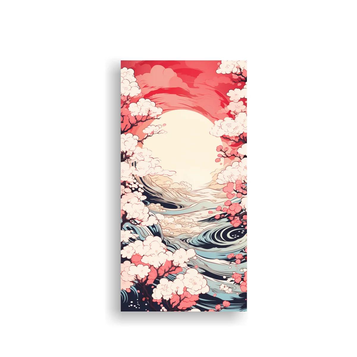 Cuadro paisaje marino con flores de cerezo y sol claro — imagen principal