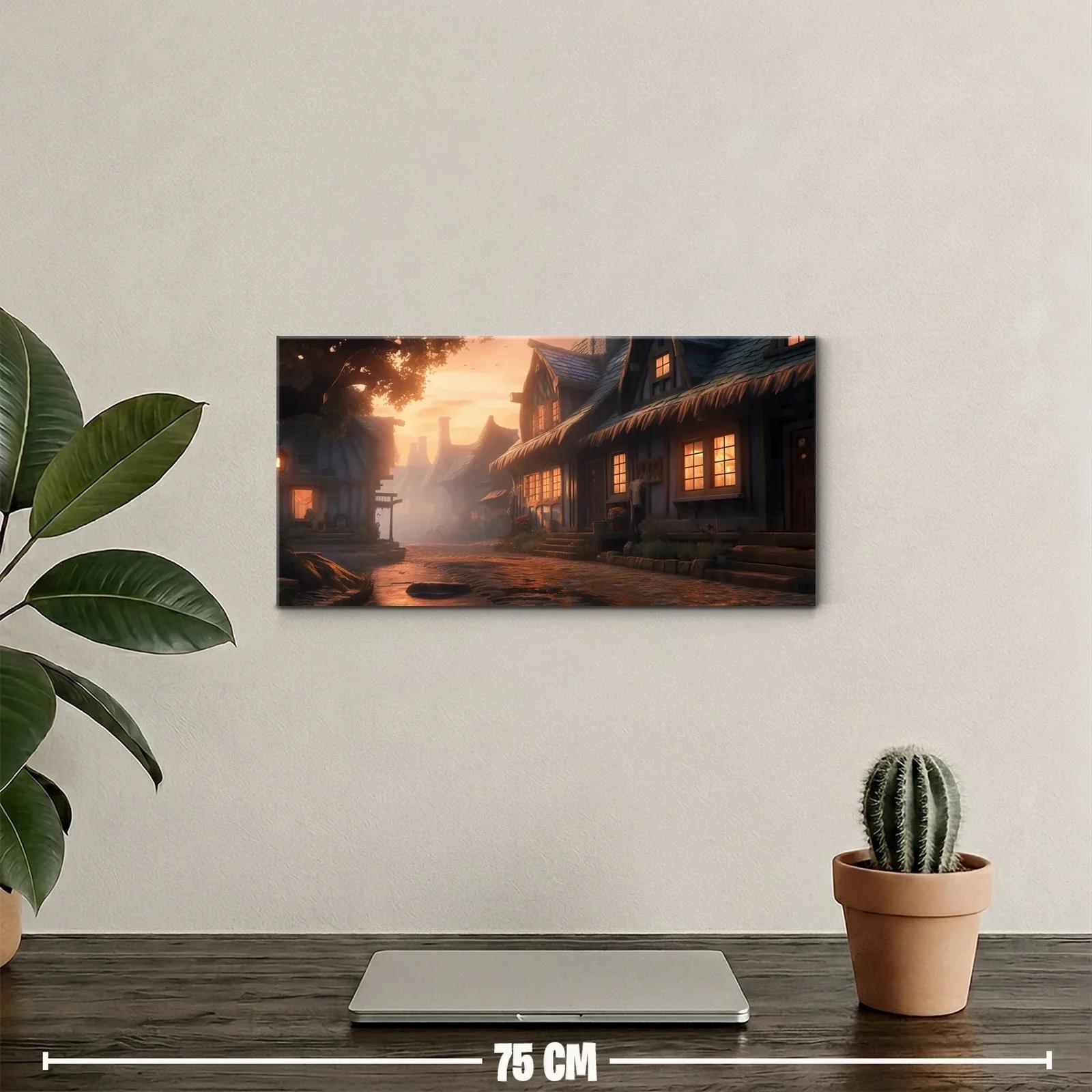 Cuadro calle de pueblo con casas iluminadas y bruma — miniatura 2