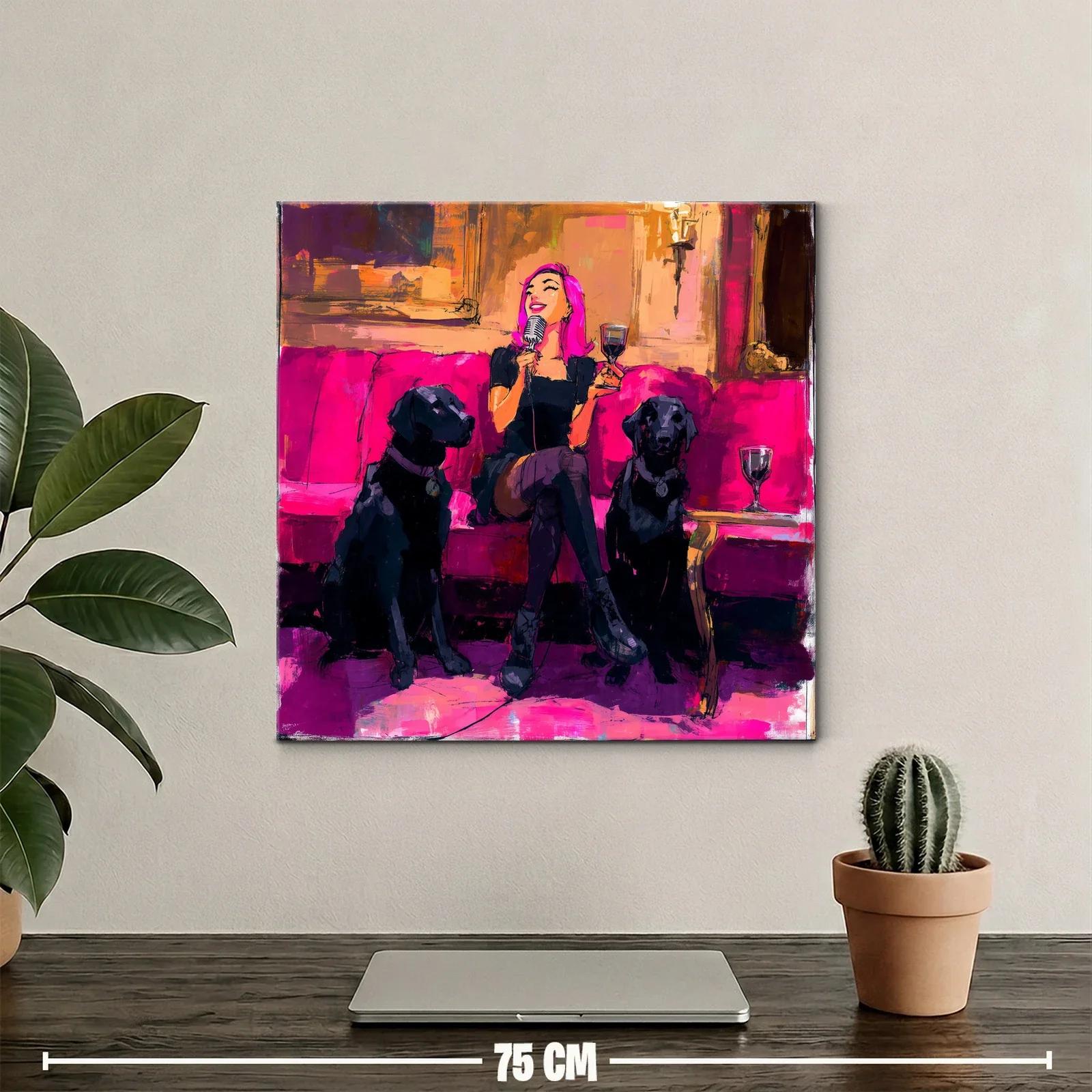 Divertida escena nocturna con mujer y perros en tonos fucsia — miniatura 2