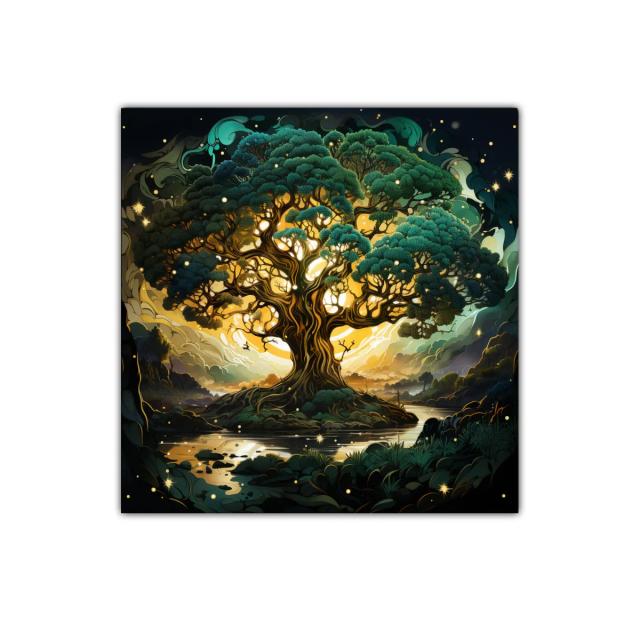 Árbol mágico iluminado con tonos verdes y dorados